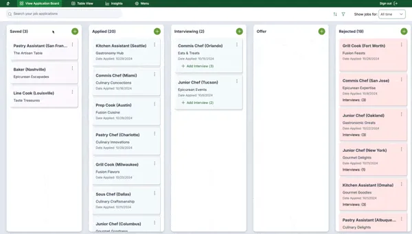Job applications being dragged between the columns of the tracker board